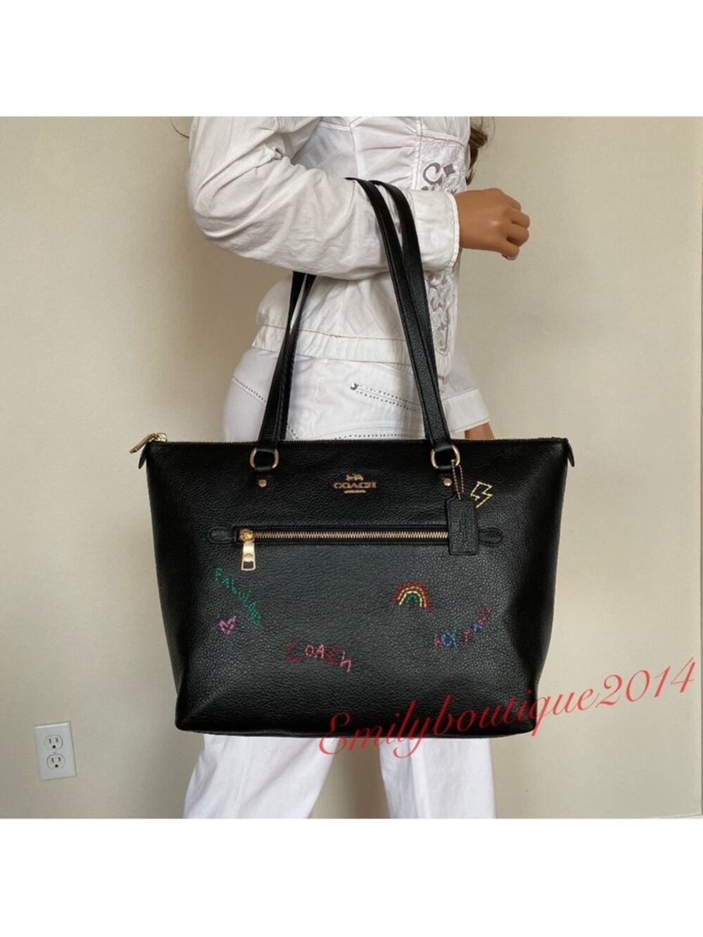NWT Coach C8365 Gallery Tote With Diary Embroidery Black Pebble Leather Bag